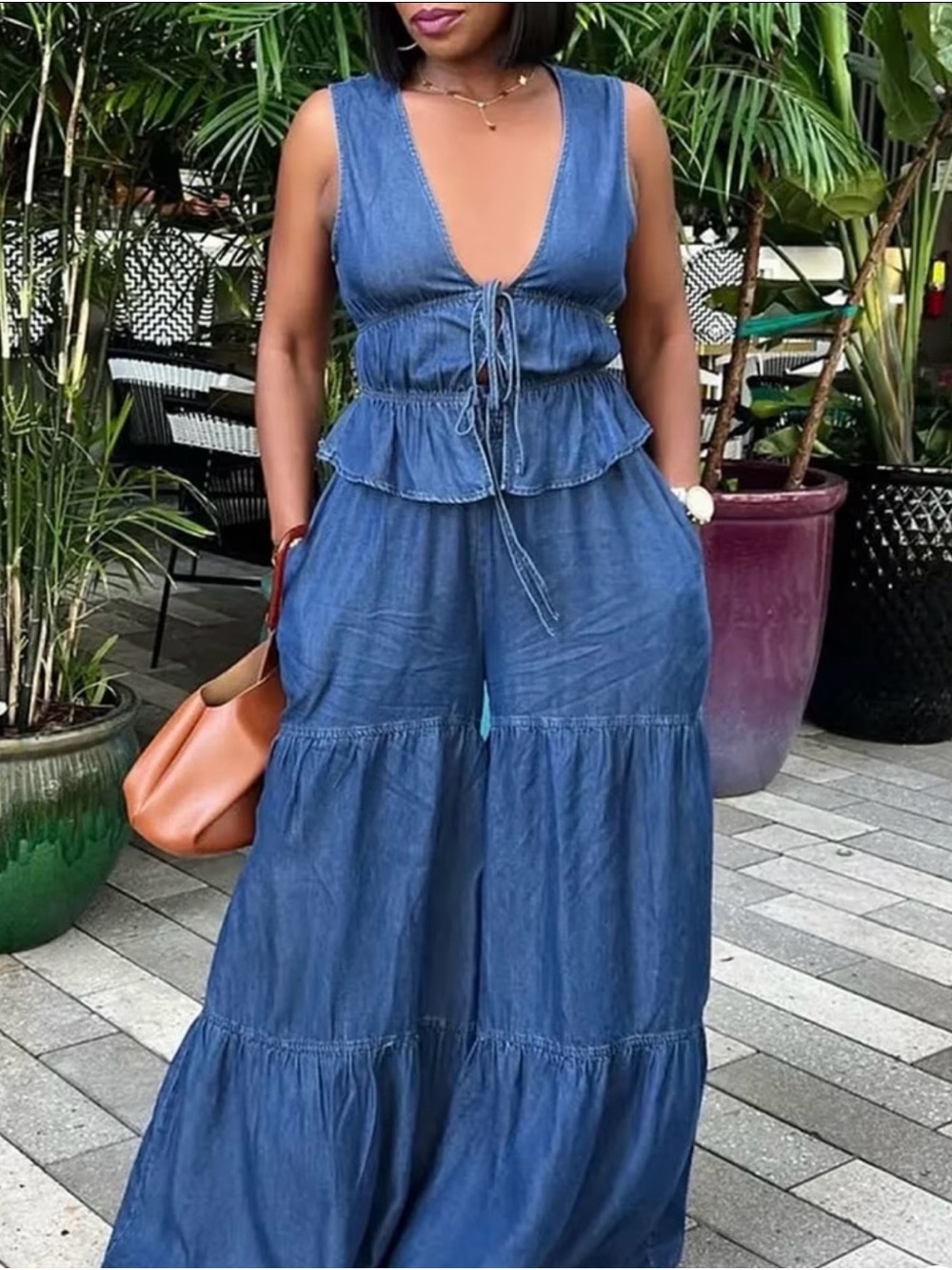 Sleeveless Denim Blue Tiered Wide-Leg pant & top